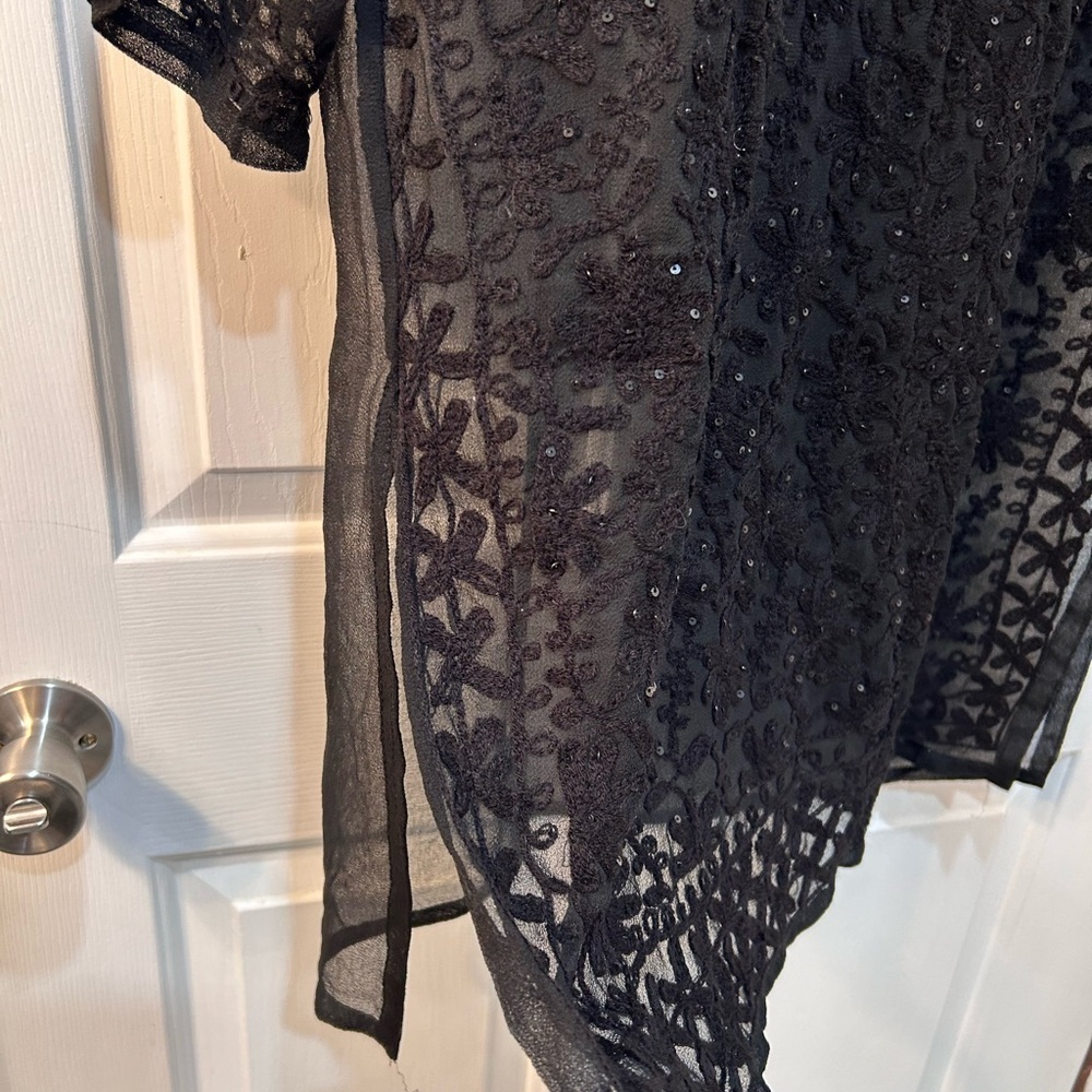 Black Embroidered Organza Cover Up Women Sz 42 US 12 Feminine Sexy Sheer Sequin - Picture 4 of 11